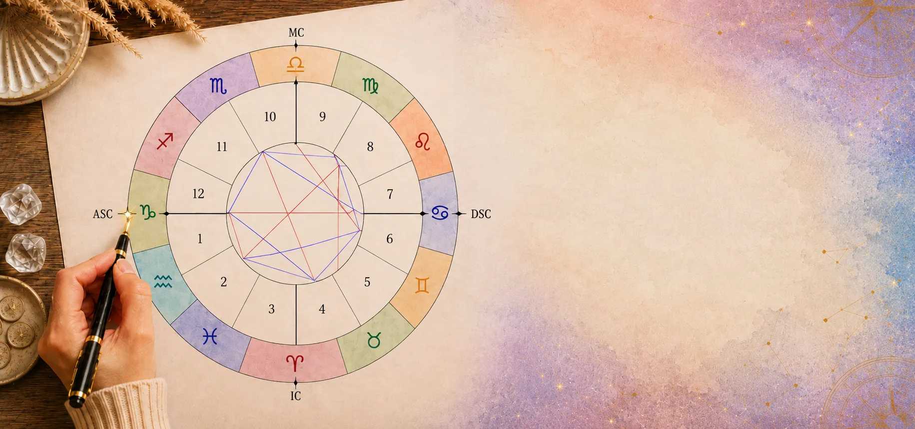 Mapa astral colorido desenhado em papel, com o Ascendente destacado à esquerda, ao lado de uma mão com caneta, cristais e um fundo em aquarela lilás com constelações.