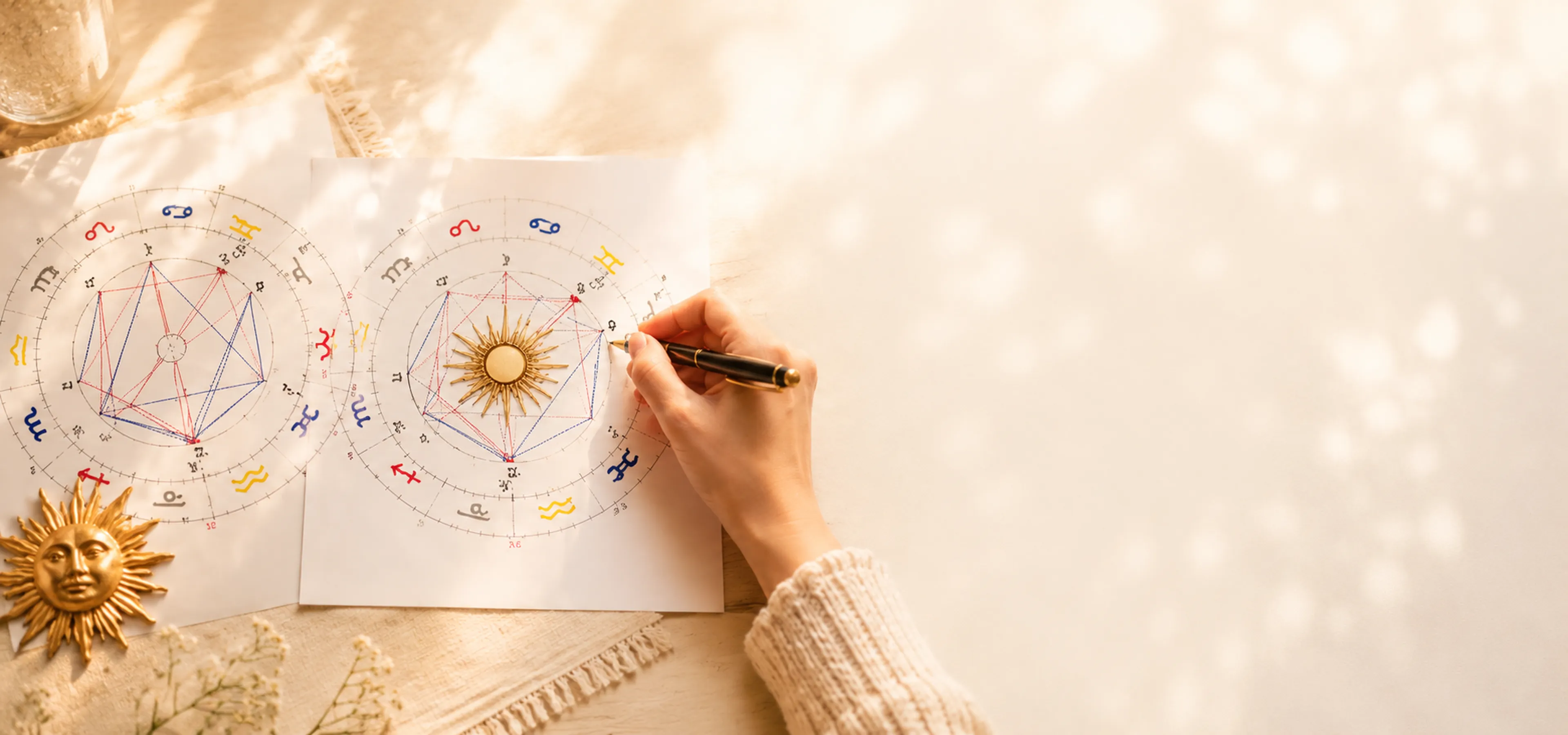 Dois mapas astrais impressos sobre uma mesa clara, com um sol dourado ao centro de um deles, ao lado de uma mão segurando caneta sob luz filtrada.