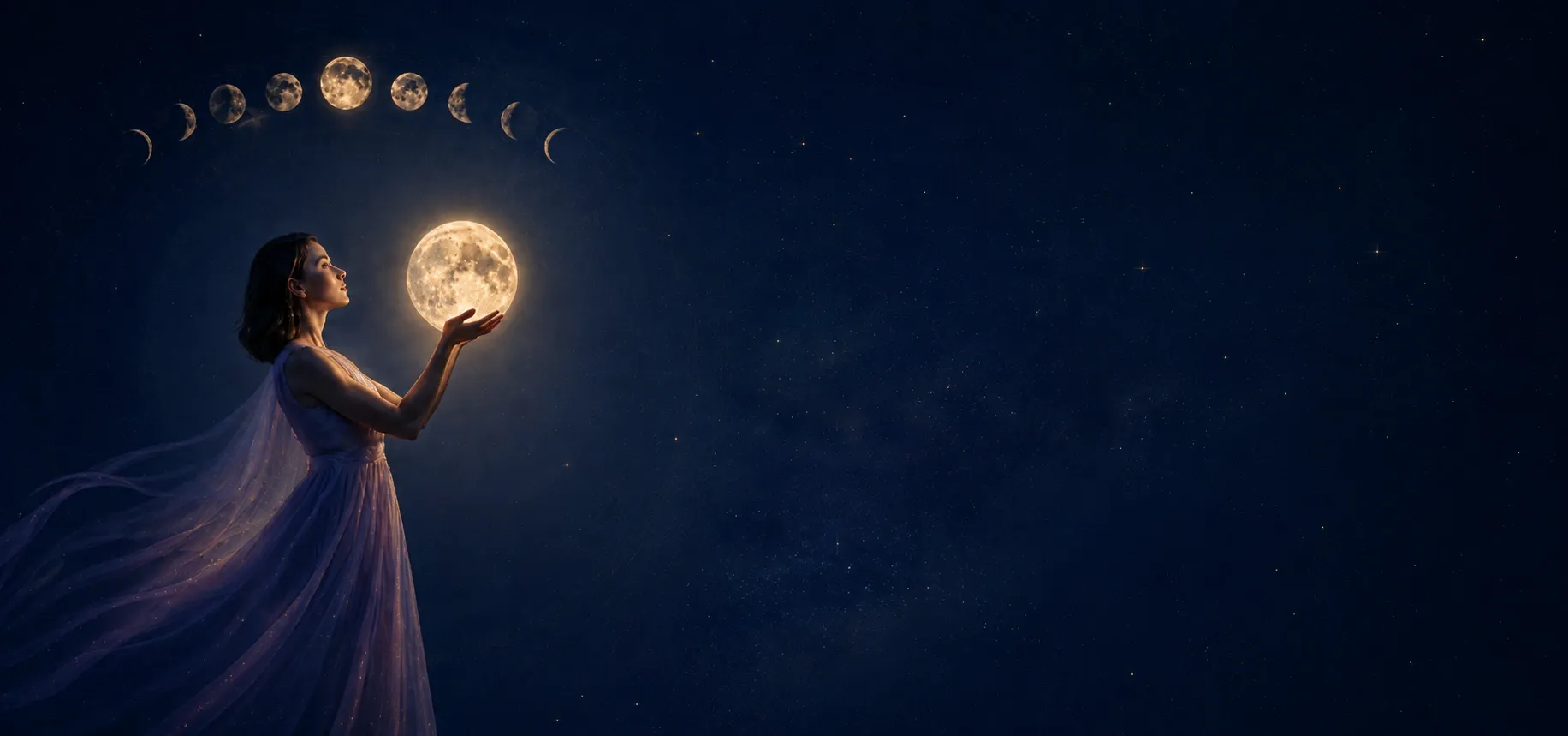 Mulher em atmosfera lunar contemplativa, diante de uma grande lua luminosa e das fases da Lua em um céu azul profundo.