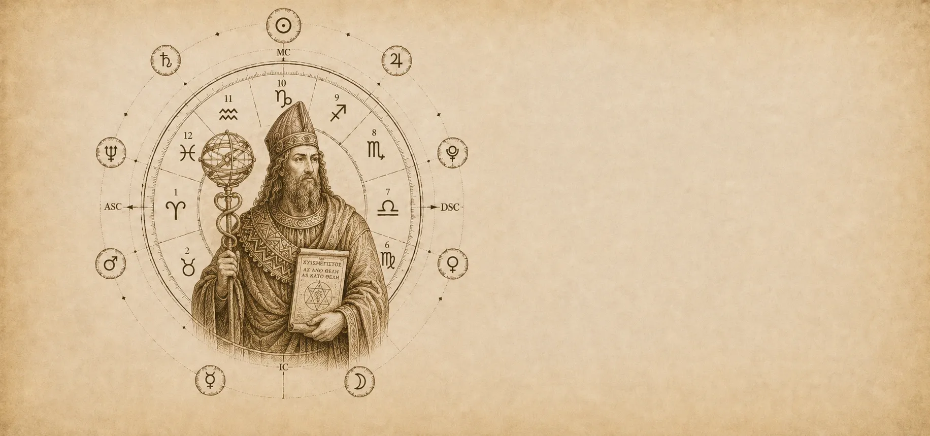 Hermes Trismegisto segurando o caduceu com esfera armilar e um livro aberto, ao centro de uma roda astrológica de doze casas desenhada em papel antigo.