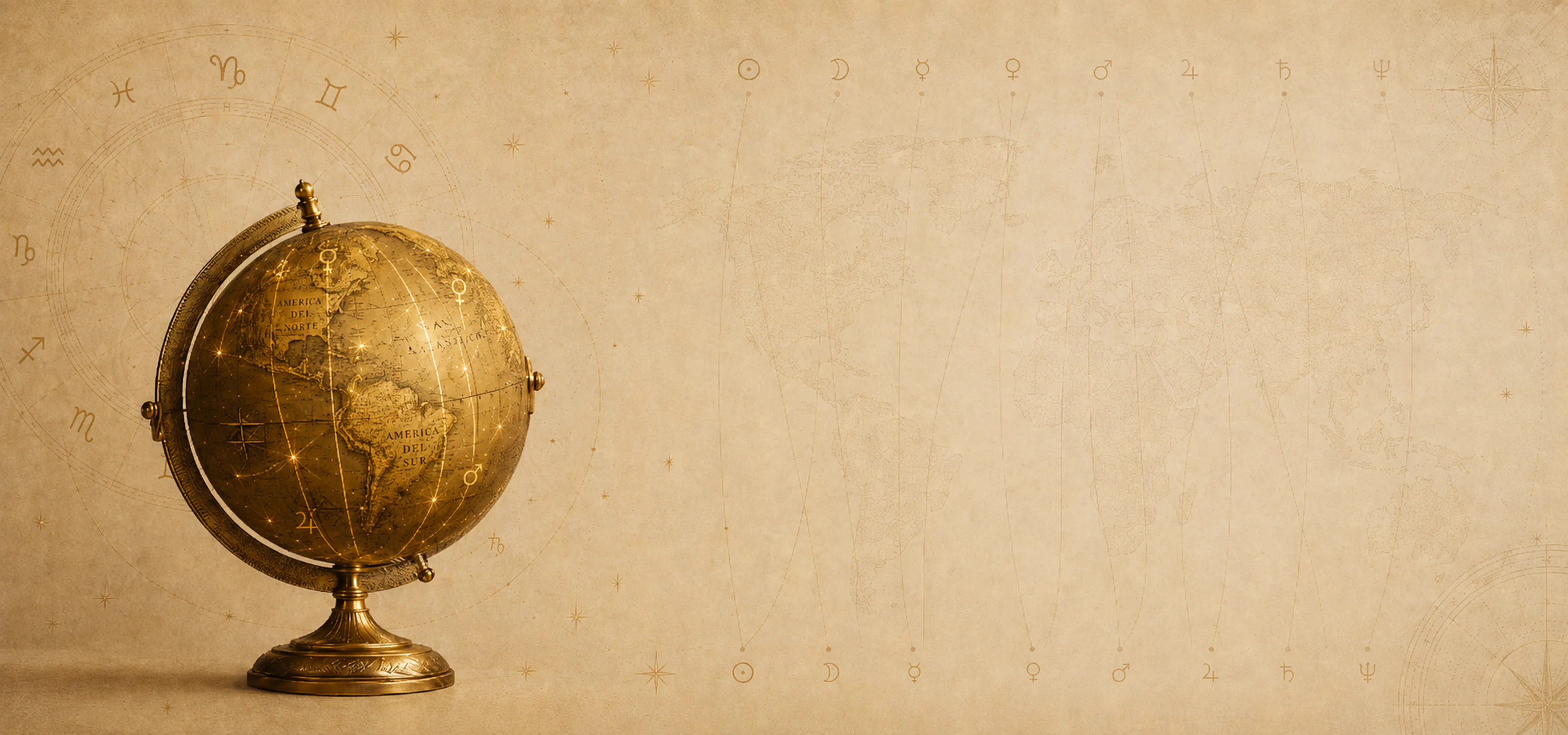 Globo terrestre antigo em latão dourado sobre papel envelhecido, com mapa-múndi e linhas planetárias desenhados em marca d'água ao fundo.