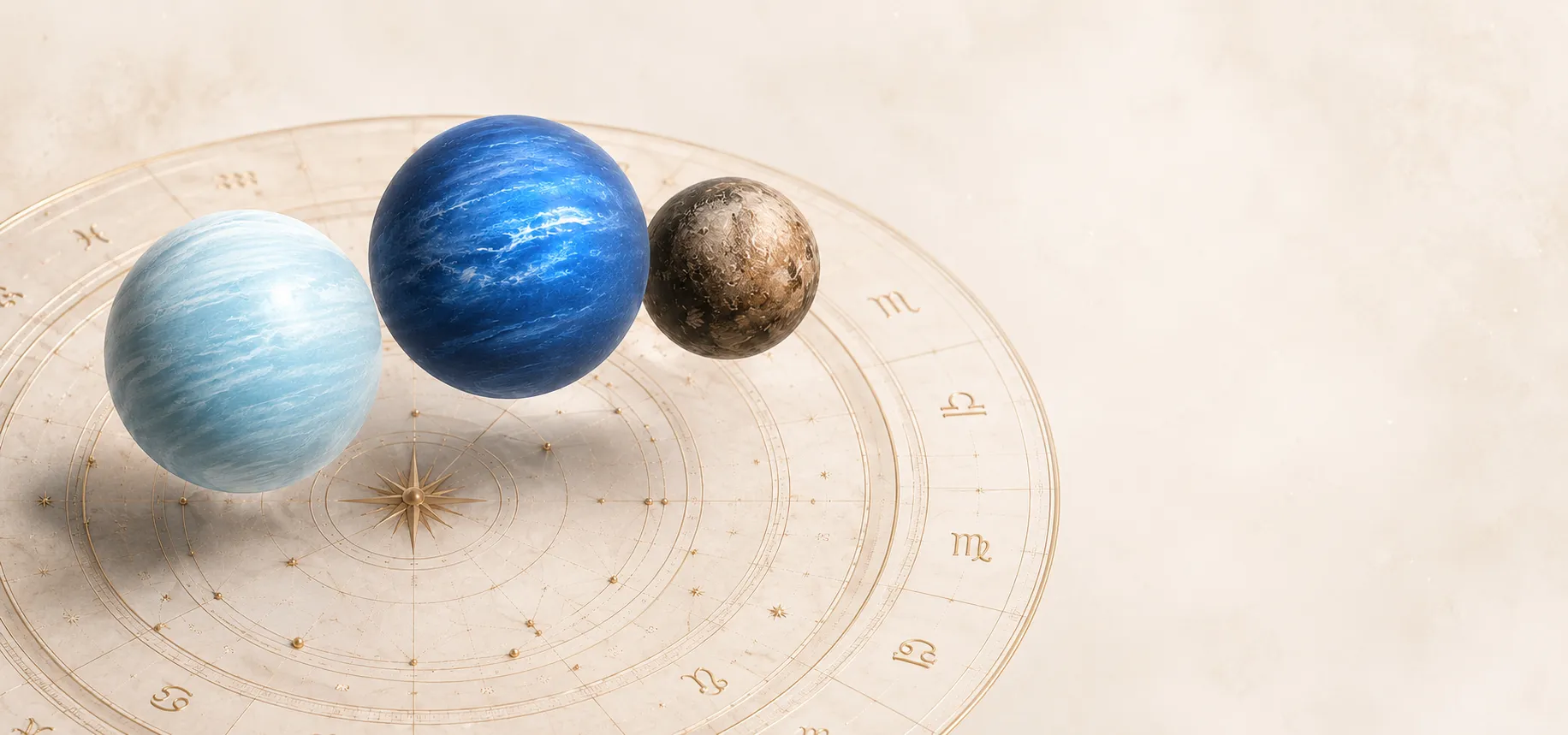 Três planetas — um azul-claro, um azul profundo e um bronze — suspensos sobre um mapa zodiacal dourado desenhado em fundo marfim.