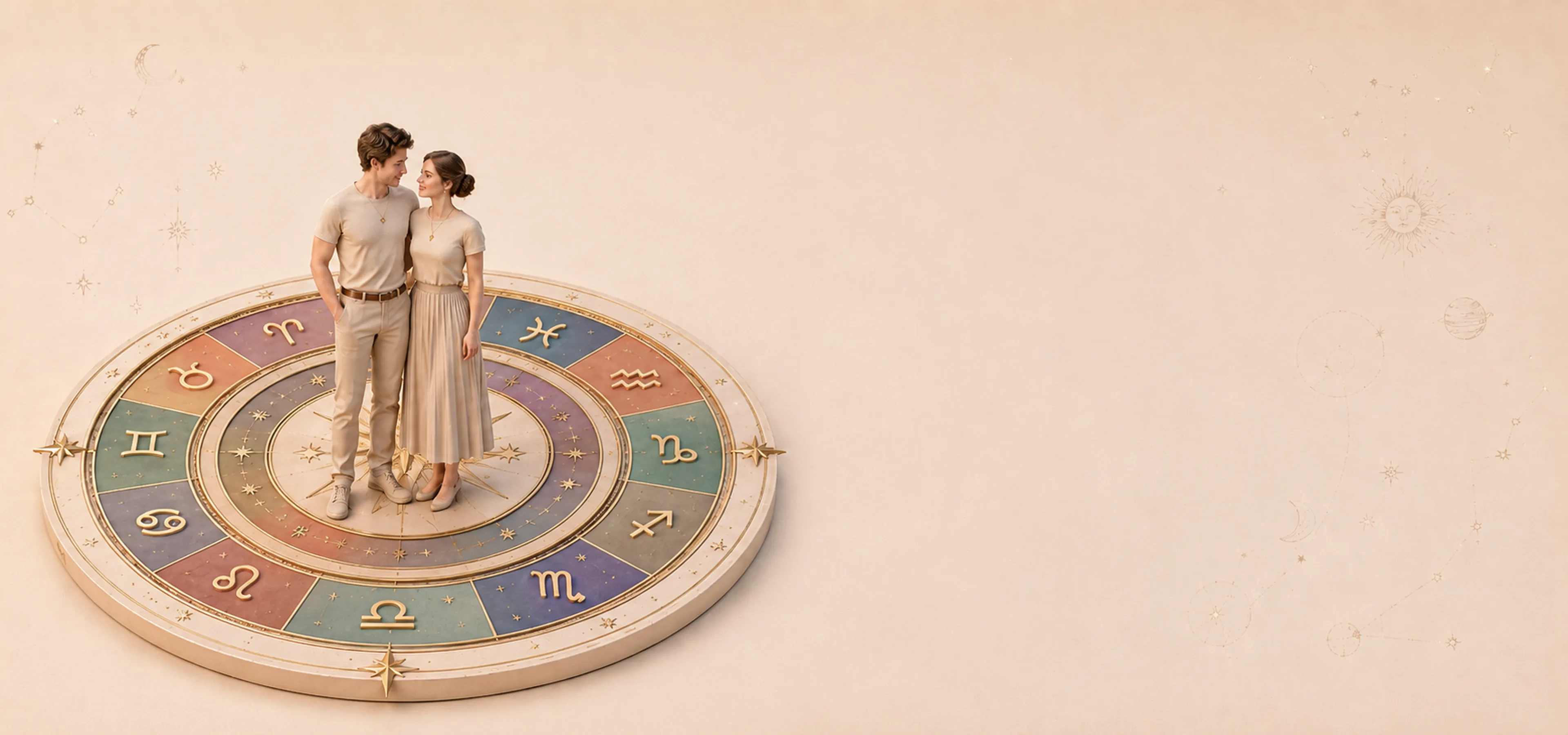 Casal de pé no centro de uma roda zodiacal em relevo, com os doze signos em setores de cores suaves, sobre fundo creme com constelações douradas.