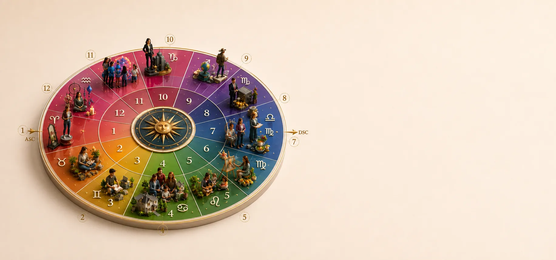 Roda astrológica tridimensional com as doze casas em cores distintas, cada uma com cenas em miniatura, sobre fundo creme.
