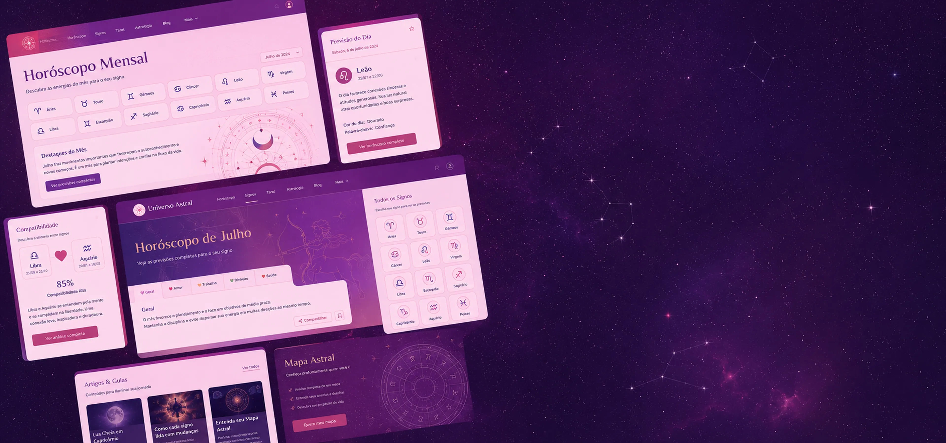 Telas de um site de horóscopo em tons de rosa e roxo, flutuando sobre um céu noturno estrelado com constelações.