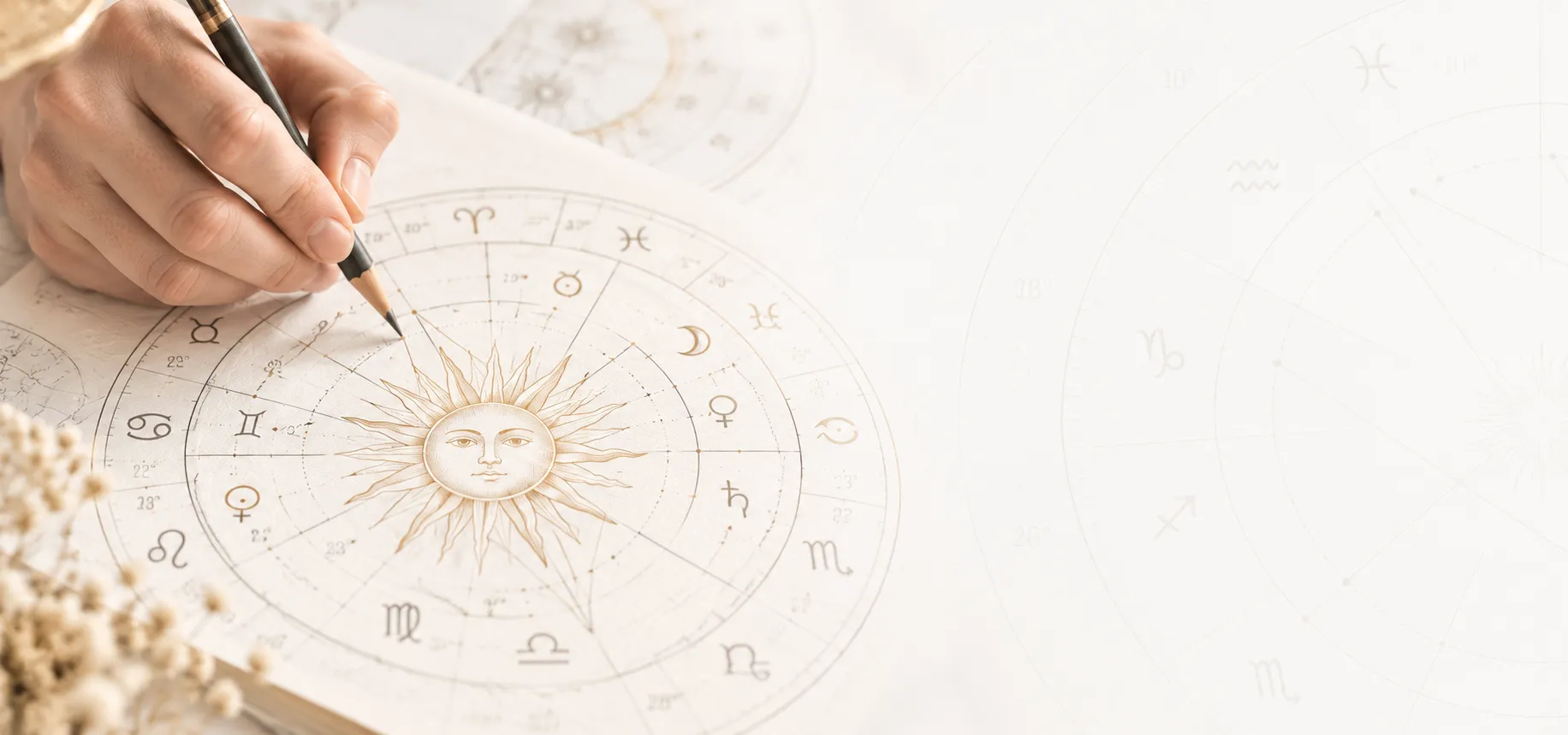 Mão com caneta traçando um mapa astral com um sol dourado ao centro, sobre papel claro com rodas zodiacais ao fundo