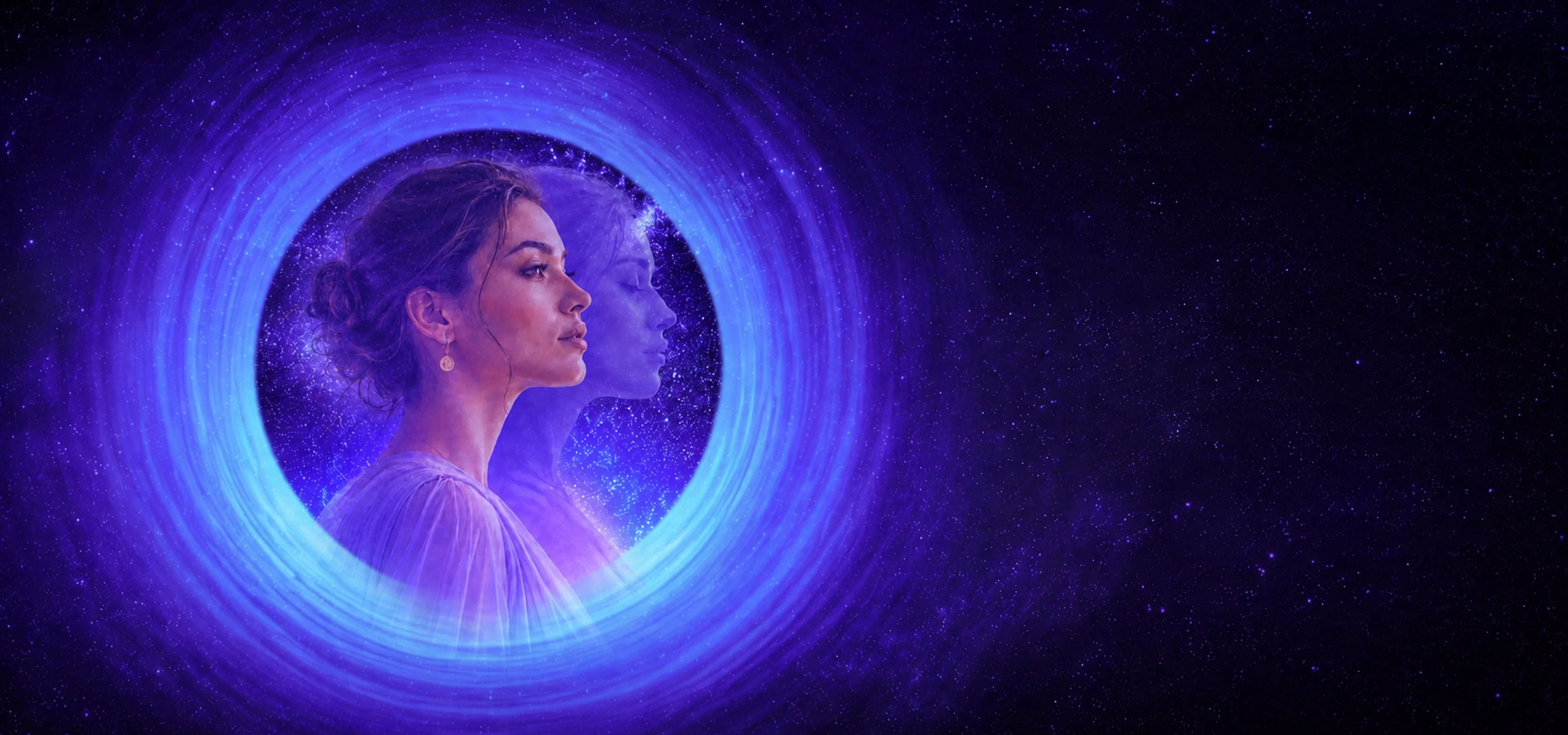 Mulher de perfil em meditação dentro de um vórtice luminoso azul e violeta, com um segundo rosto etéreo ao fundo em um céu estrelado.