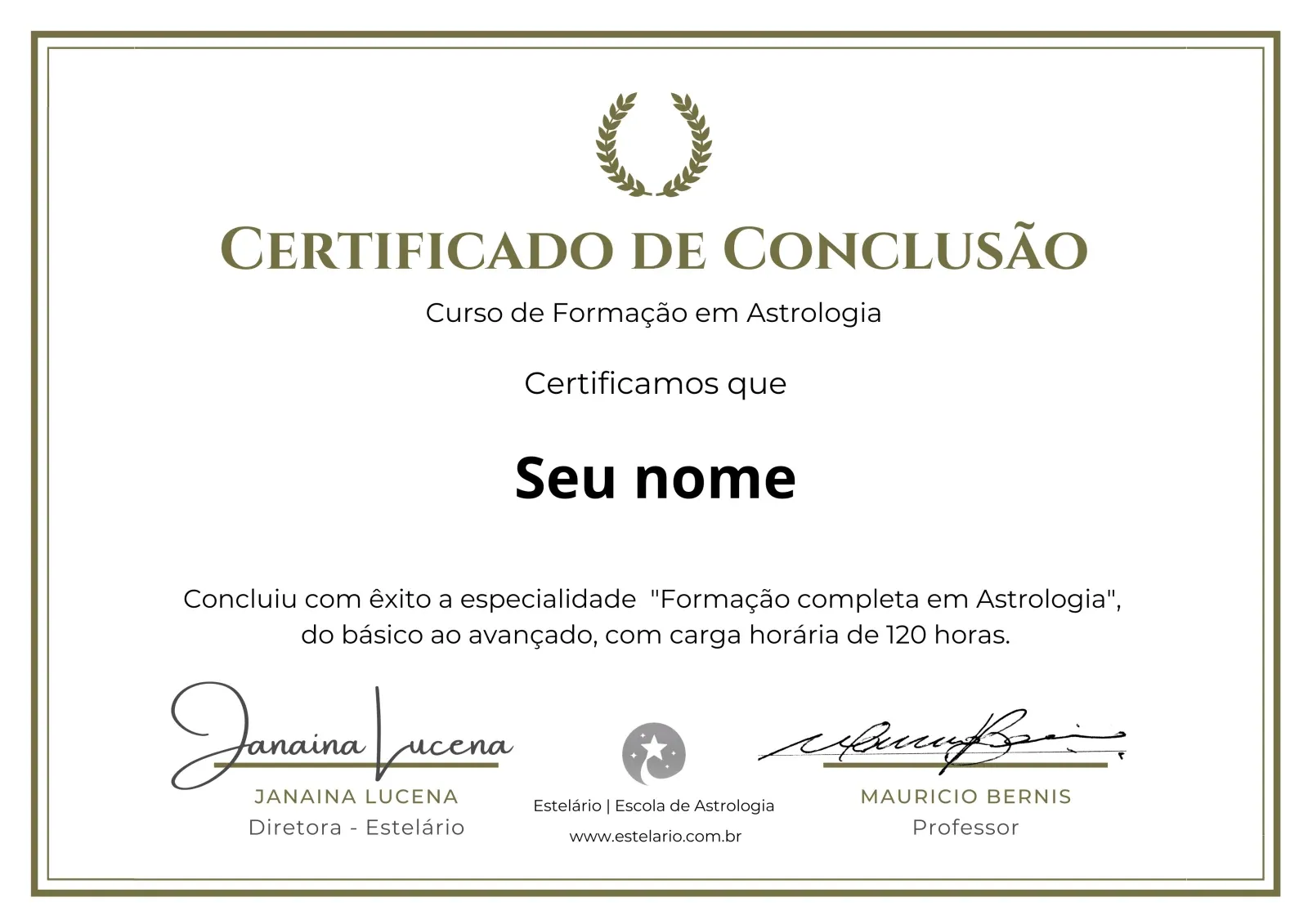 Modelo do certificado de conclusão da Formação em Astrologia, com 120 horas