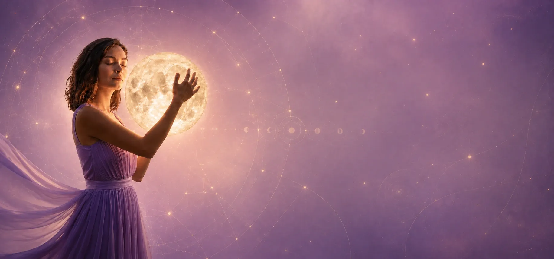 Mulher de vestido roxo diante de uma grande lua luminosa, envolvida por uma rede lunar sutil sobre fundo lilás.